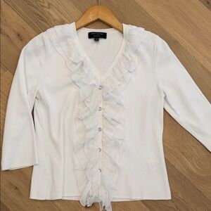 Cable & Gauge White Ruffle V-Neck Cardigan Petite Large